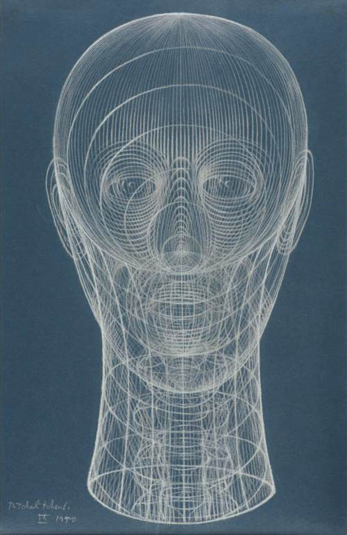 Pavel Tchelitchew - Frontal Linear Head (IX) - 1950 white chalk on blue paper